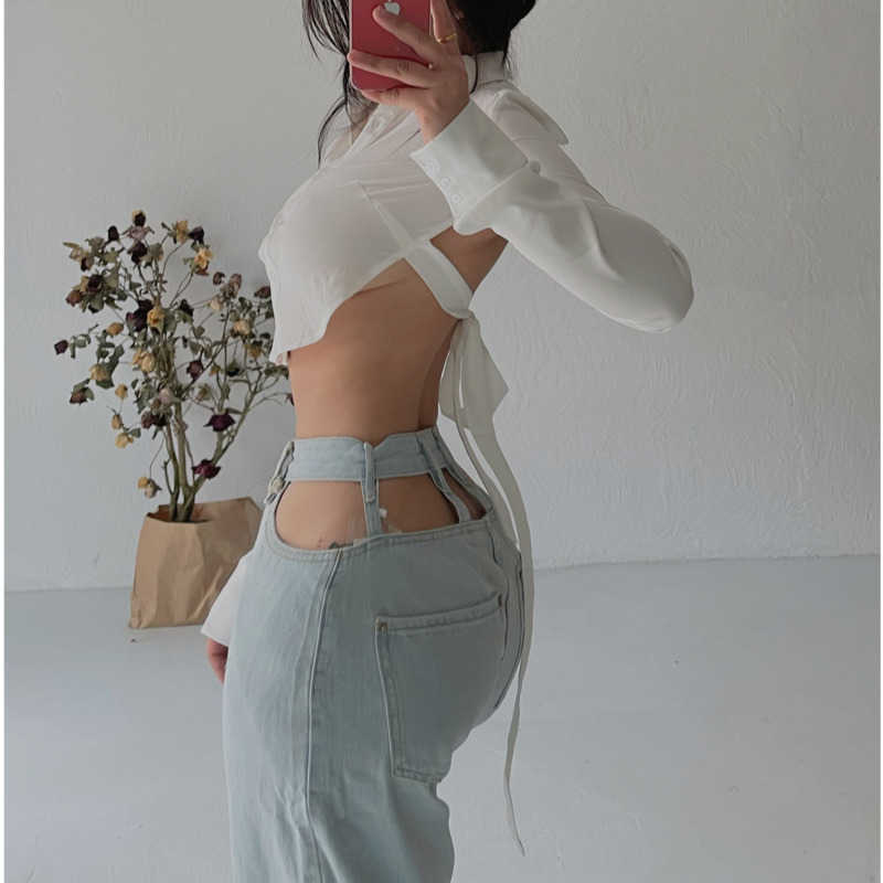 

WOMENGAGA Hollow Waist High Sexy Straight Light Blue Skinny Loose Jeans Spring Trousers Flare Pants Korea P8U3 210603