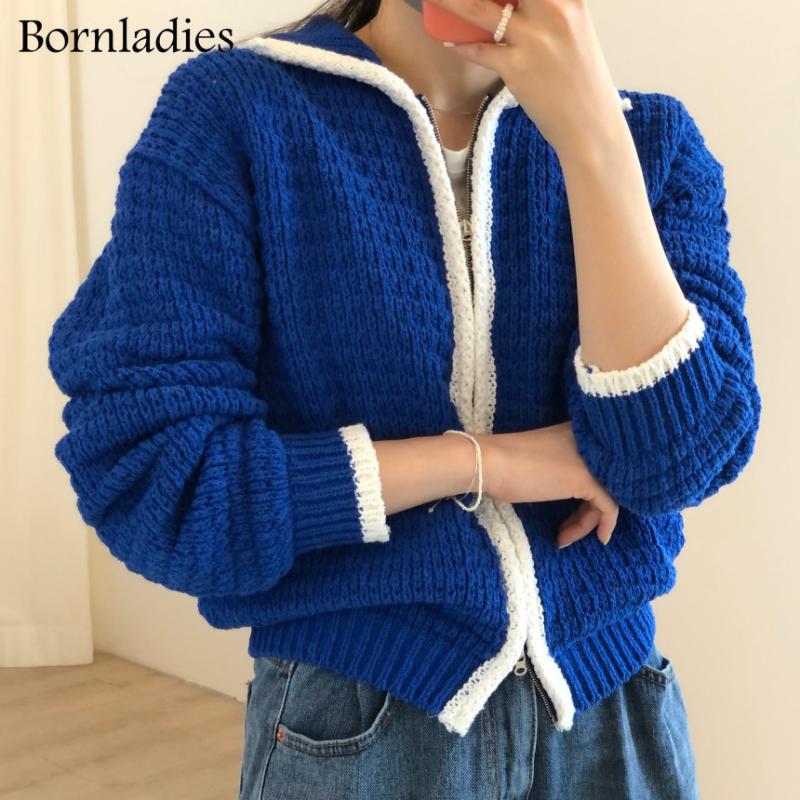 

Women's Knits & Tees Bornladies 2022 Autumn Winter Women Waffle Sweater Tops Korean Style Long Sleeve Color Contrast Zipper Knitted Cardigan, White