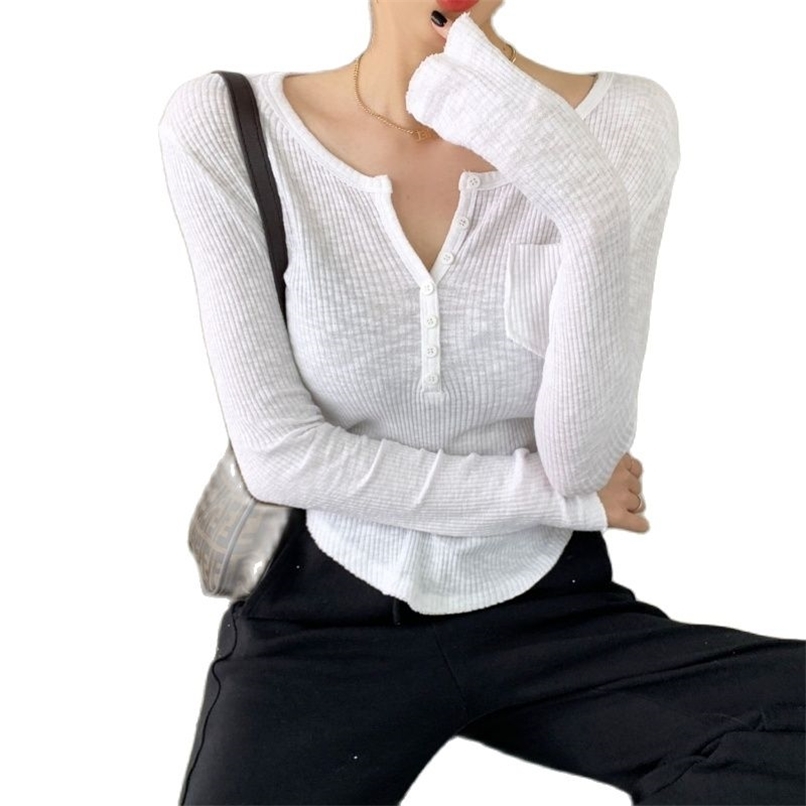 

All-match v-neck top design sense thread bottoming shirt long-sleeved t-shirt women spring fashion women's clothing 210520, Brown