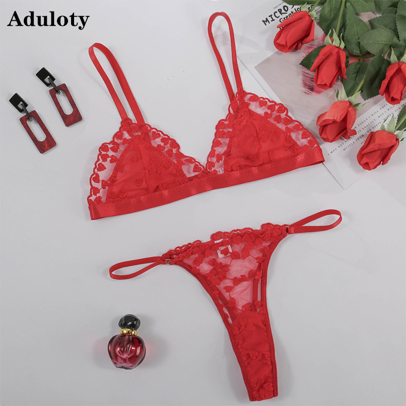

New womens Sexy lace lingerie set comfortable bra set wire free mesh see through heart-shaped embroidered thong underwear set, Red