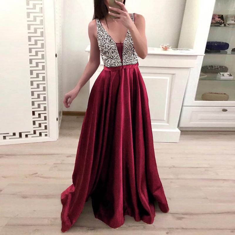 

Casual Dresses For Women 2021 Elegant Summer Fashion V-neck Evening Party Ladies Gown Sequins Formal Prom Long Dress, Burgundy