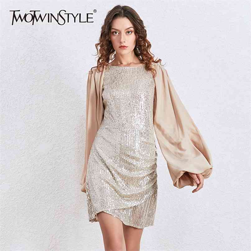 

Patchwork Lantern Sleeve Party Dress Women Fashion Sequins Slim Sexy Dresses Female Spring Clothing 210520, Pink