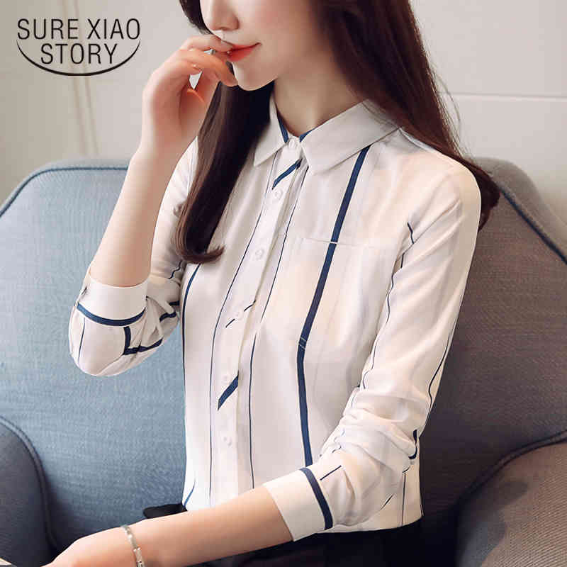 

spring fashion women shirts office lady elegant striped long sleeved blouses chiffon casual tops D490 30 210521, White