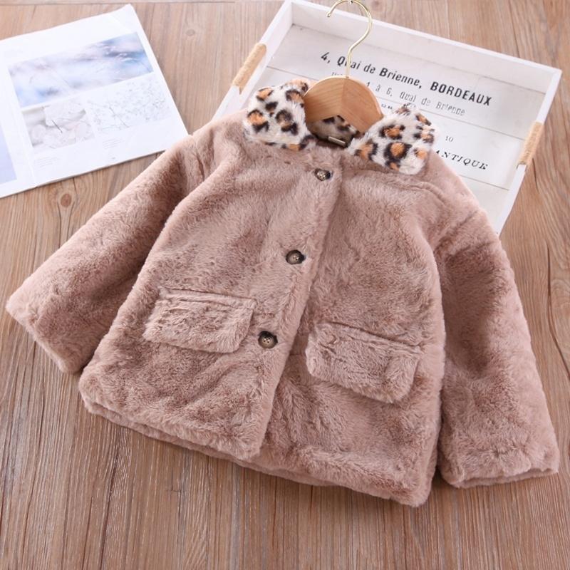 

Jackets 2021 Winter Girls Fashion Faux Fur Jacket Leopard Print Plush Plus Velvet Thickened Children's Coat Girl Baby Clothes, Blue;gray