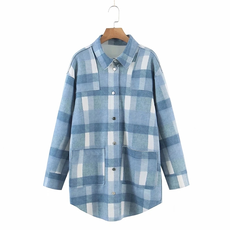 

Mid-long Oversized Plaid Jackets Coat Women Spring Fashion Long Sleeve single buttons Loose Outerwear jackets Chic Tops 210524, Sky blue