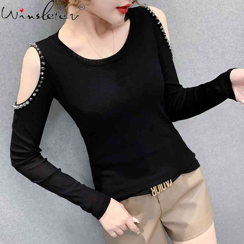 

Women's T-Shirt Spring Fall European Clothes Girl Fashion Solid Sexy Off Shoulder Shiny Beading Women Tops O-Neck Tees 2021 T0D602, Black tshirt