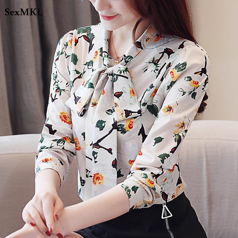 

Women's Blouses & Shirts Floral Printed Chiffon Women 2021 Korean Fashion Long Sleeve Y2k Office Ladies Tops Elegant Bow Neck Blusas, White