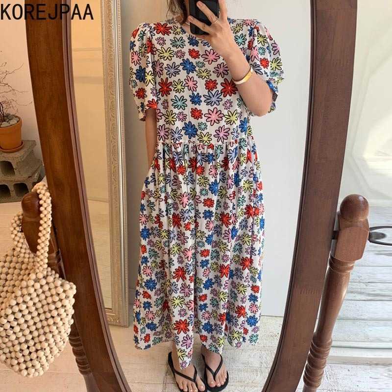 

Korejpaa Women Dress Summer Korean Chic Female Romantic Round Neck Color Flower Design Loose Sweet Puff Seeve Vestidos 210526, White