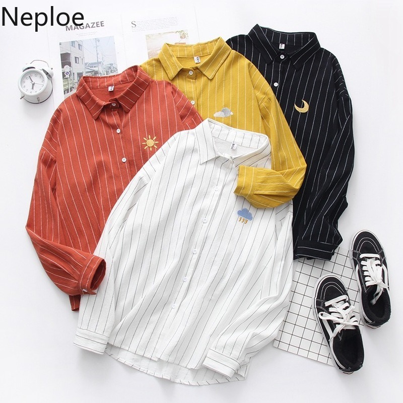 Neploe Blusas Mujer De Moda Embroidery Striped Women Blouses Streetwear BF Harajuku Blouse Casual Loose Tops Female 94510 210422