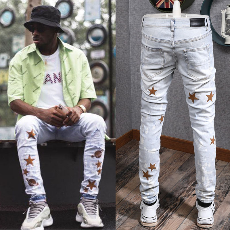 

Big Size 38 Biker Jeans For Man Destroyed Wash Denim Pants Men's Slim Fit Motocycle Cowboy Trousers, Amr-8220