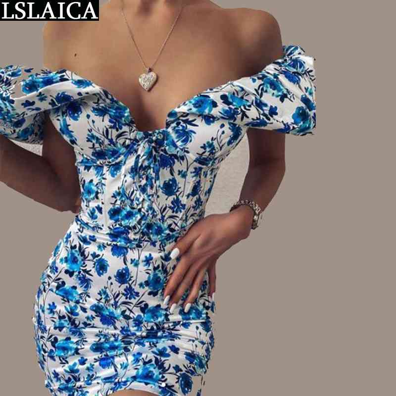 

Fashion Print Dress Women Puff Sleeve Sexy Tube Top Mini Party Clubwear Drape Robe Femme Bodycon Elegant Summer Vestidos 210520, Blue