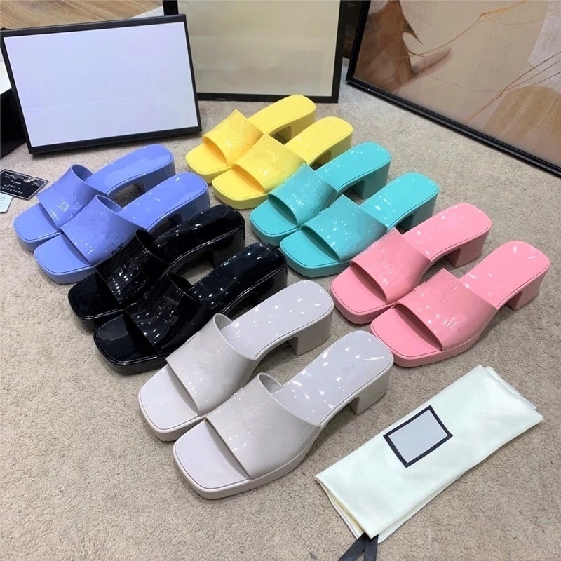 

Desinger Dress Slippers Candy Color Jelly PVC Platform Women Shoes Summer Square Open Toe Heels Mules Outdoor Beach Thick Sole With, Pay for freight