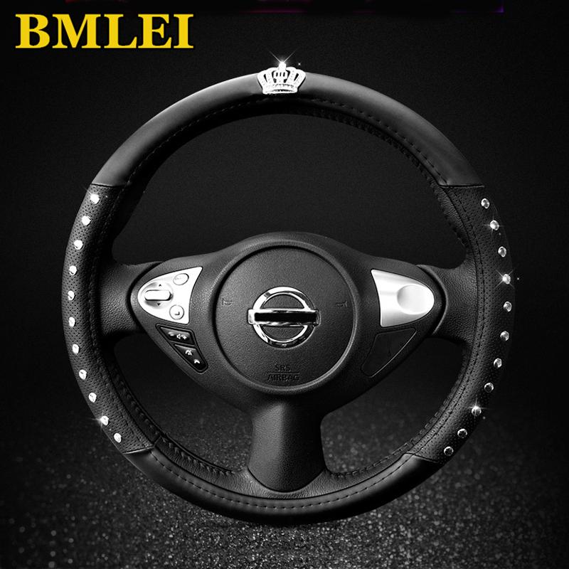 

Steering Wheel Covers Universal Cover Leather Queen's Bling Diamond With Rivets Four Seasons Car Handlebar For Women Styling