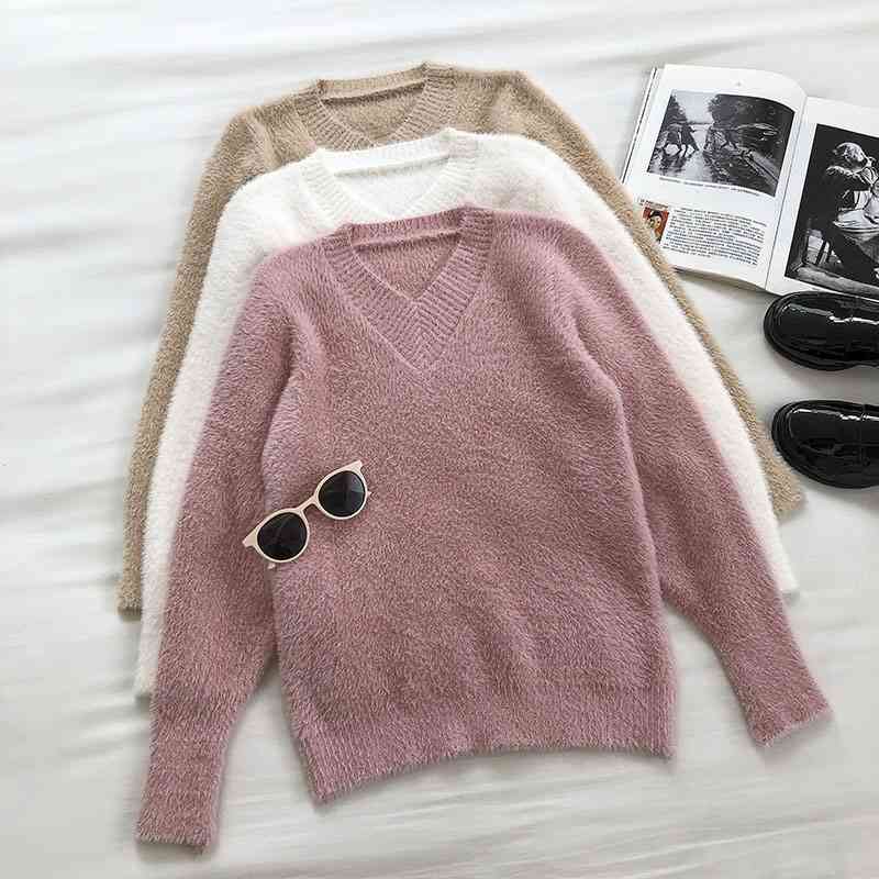 

Autumn Winter Pullover Sweater Women Casual Long Sleeve V Neck Fluffy Knitted Sweaters Korean Fashion Top 210602, White