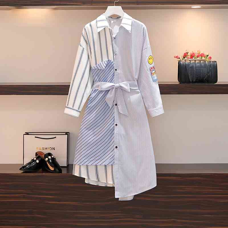 

Plus Size Shirt Dress for Women Striped Patchwork Asymmetric Spring Fall Long Sleeve Sashes Bow Loose Casual 210525, Blue