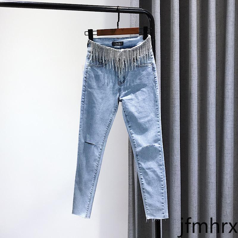 

Women' Jeans Diamond Tassels Cool High Waist Spring Summer Clothing Light Blue Slim Fit Elastic Holes Pencil Pants