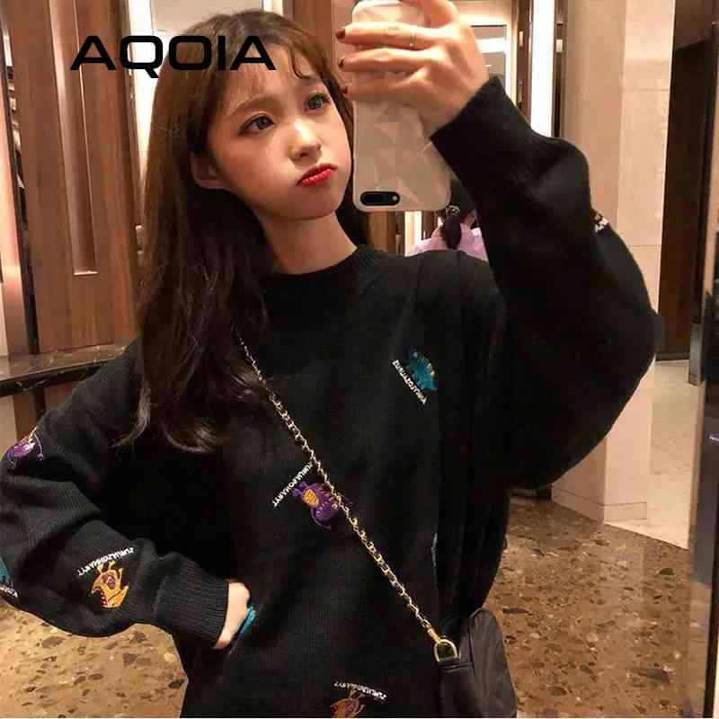 

Harajuku Kwaii Knit Female Pullovers Animal Embroidery Long Sleeve Women Sweaters Korean Style Loose Cute Woman Sweater Clothing 210521, Random color