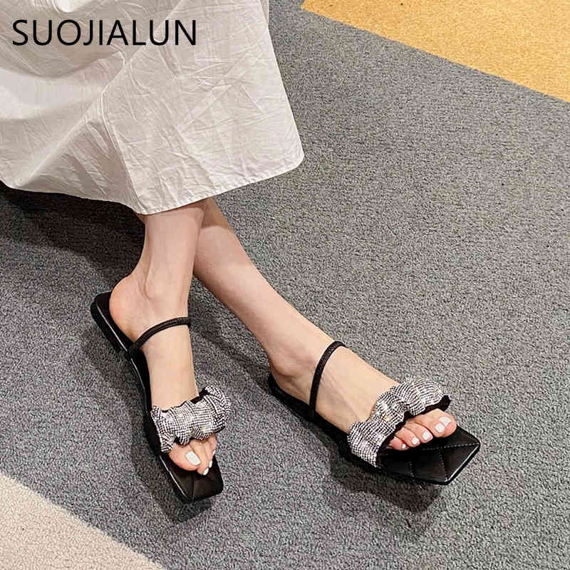 

SUOJIALUN 2021 Summer Fashion Brand Square Toe Slippers Women Flat Heel Bling Crystal Sandal Outdoor Beach Slides Flip Flop Shoe K78, Black