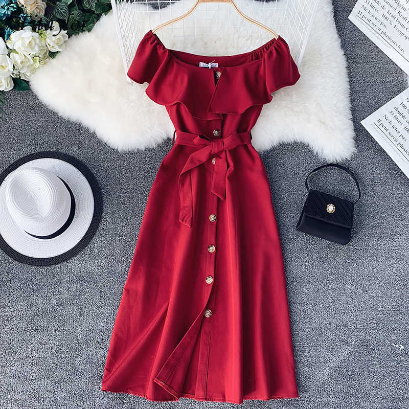 

Fashion Women Off Shoulder Dress Summer Ruffles Short Sleeve Single Breasted Bodycon Elegant Bandage Long Robe 210602