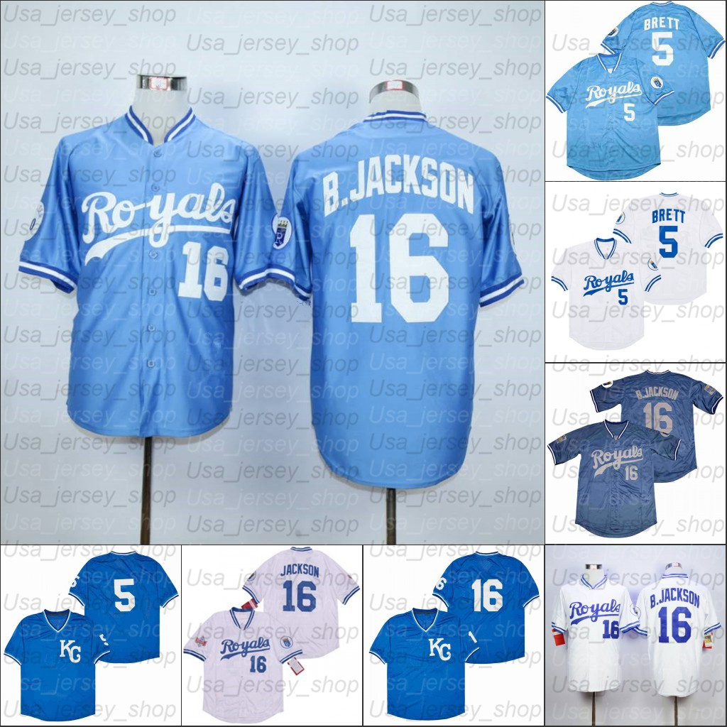 

Retro Baseball Home Jersey 16 B.JACKSON 5 BRETT blue white lightblue I, As photo