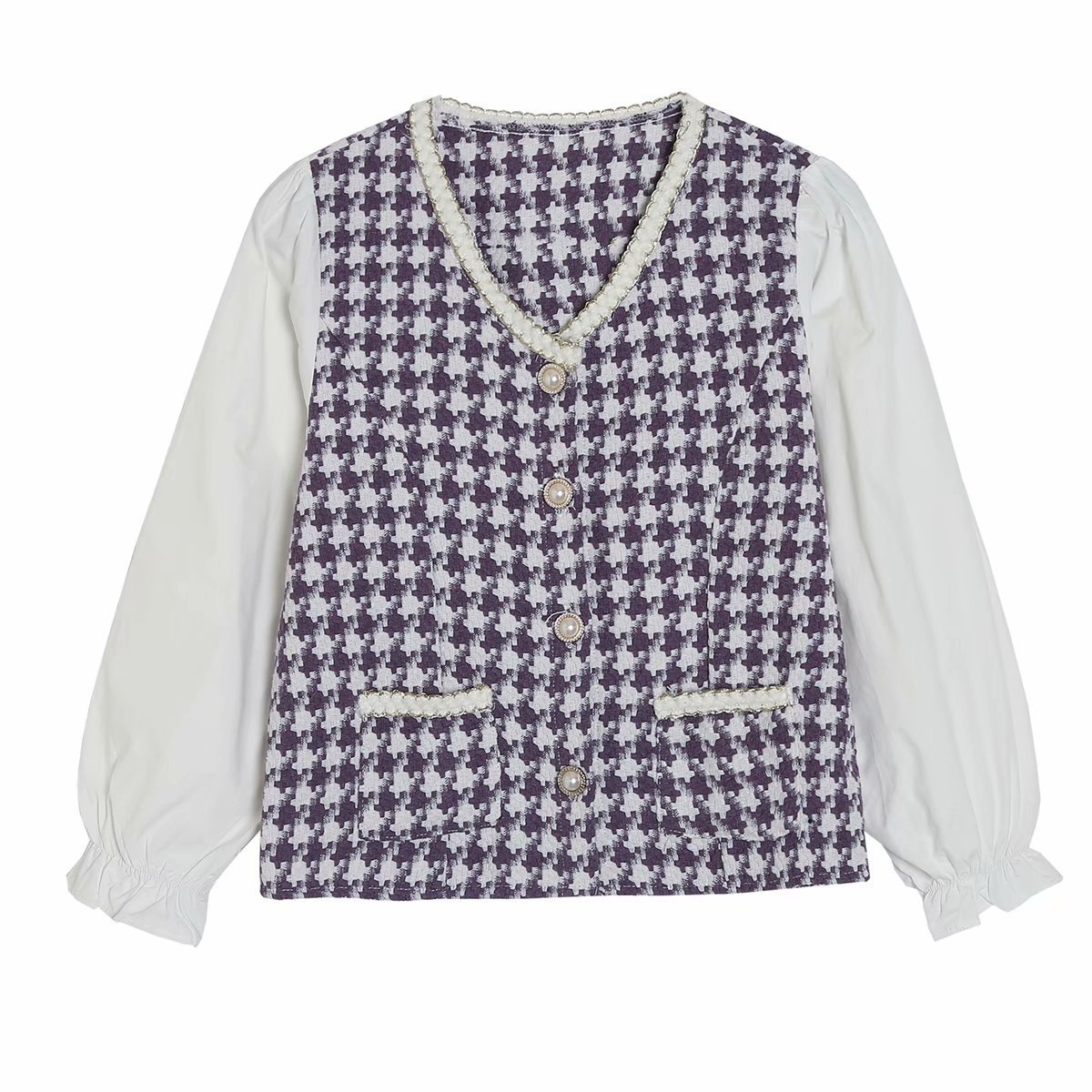 

autumn and winter small fragrant wind tweed houndstooth stitching shirt 210525, Clear