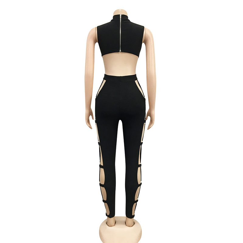 

2011kricesseen solid blue hollow out long pants jumpsuit women sleeveless back zipper skinny romper clubwear jumpsuits 2021 new, Black;white