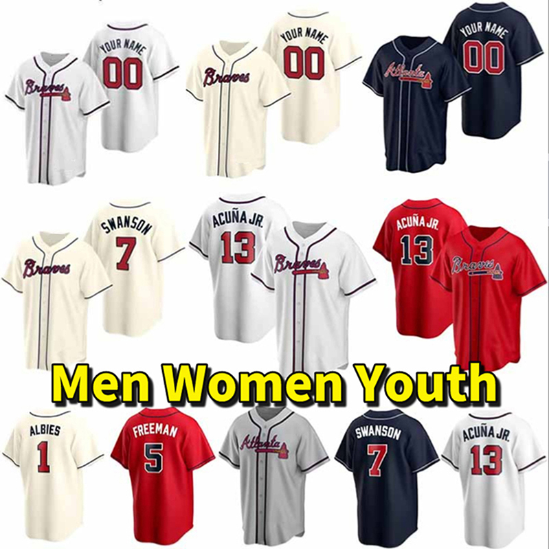 

2021 Ronald Acuna Jr. Braves Jersey Atlanta Dansby Swanson Freddie Freeman Austin Riley Ozzie Albies Chipper Jones Joc Pederson Max Fried Cu, Blue;black