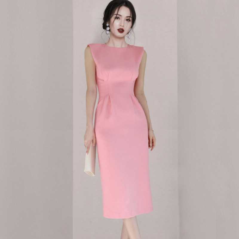 

Office OL Sleeveless Ladies Dress Elegant Midi Pencil es Summer Women O-Neck High Waist Slim vestidos 210526, Picture color