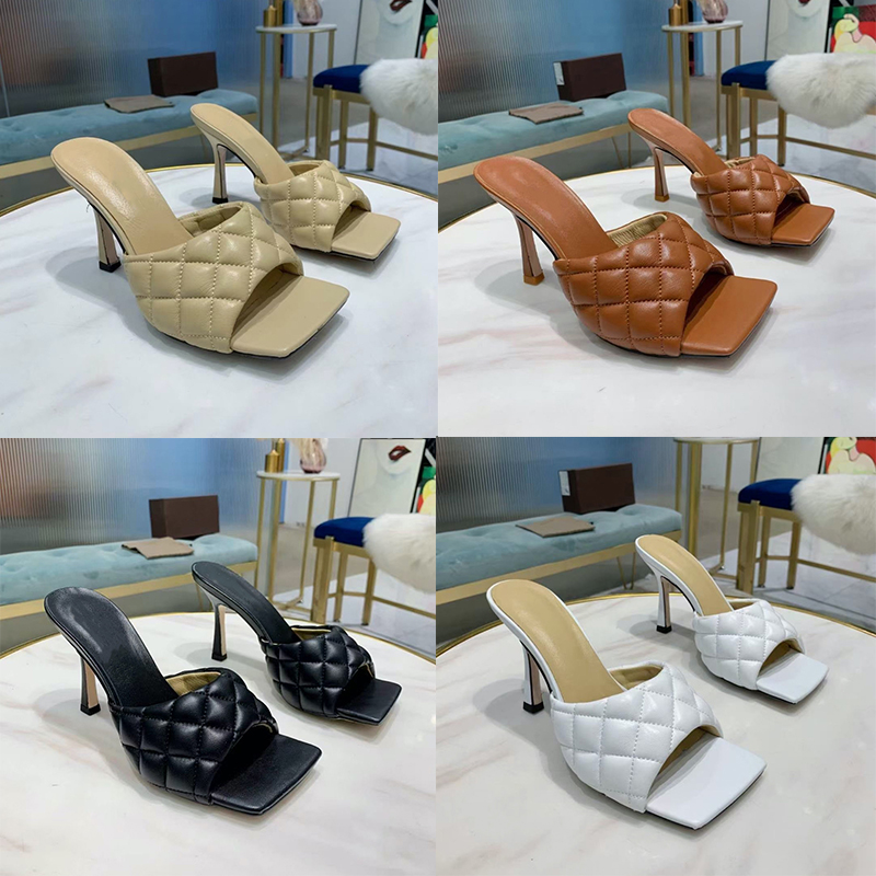 

Women Designer PADDED SANDALS Sexy lido slides soft nappa leather squared slippers Heel height: 9 cm summer Flip Flops with box 280, Color 2