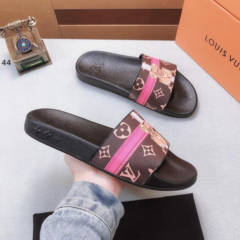 

44-10 original LOUIS shoes VITTON fashion Beach Slide Sandals male female flower blooms print leather Slippers EUR:36-45 #888, Black