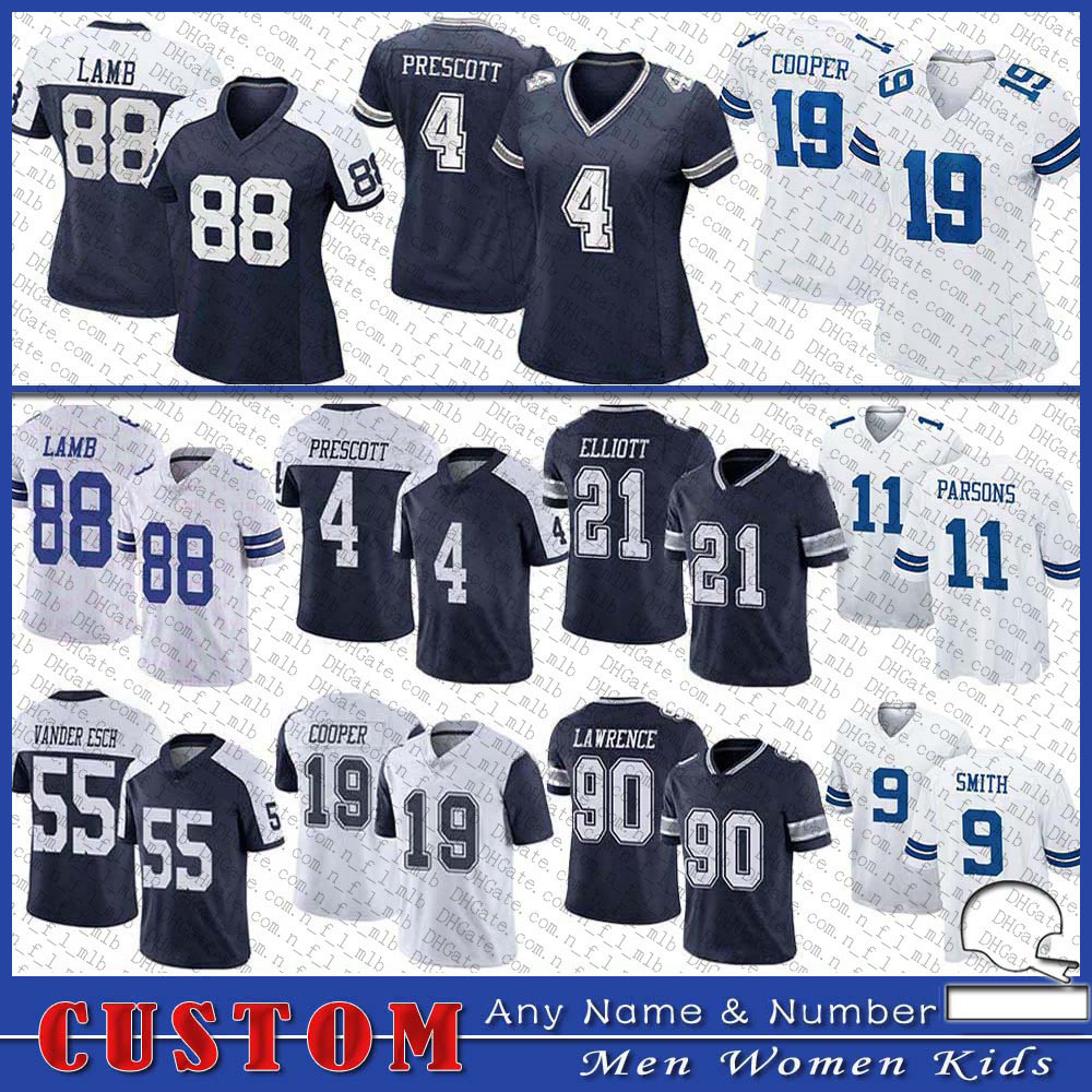 

4 Dak Prescott 88 CeeDee Lamb Custom Football jersey 21 Ezekiel Elliott 9 Jaylon Smith Micah Parsons Amari Cooper Demarcus Lawrence DallasCowboyAaron Parker, Shown