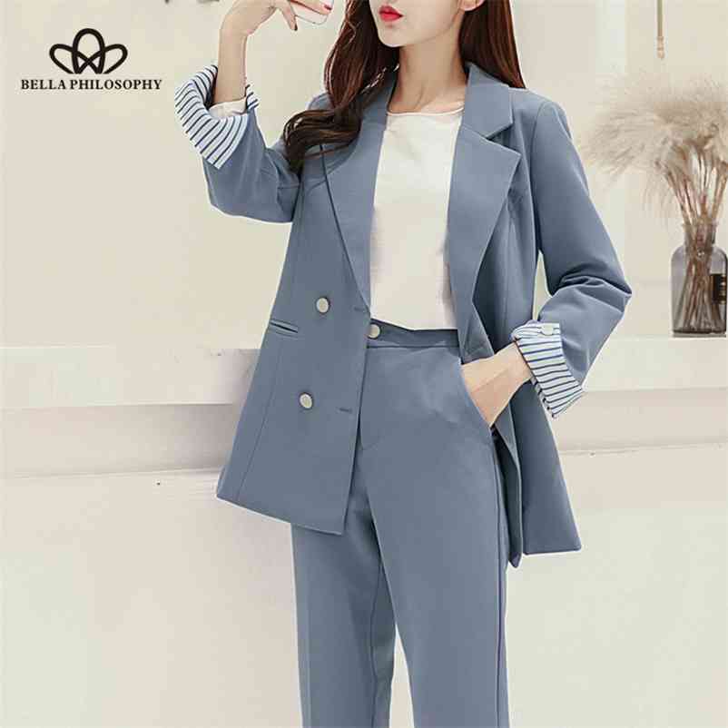 

autumn Solid double breasted blazer suit office lady elegant pants two piece set 210519, Black pants