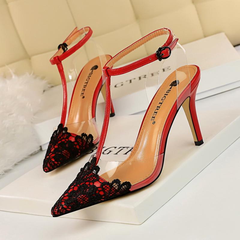 

Fashion Banquet Transparent Barefoot Women Shoes Stiletto High Heel Lace Pointed T-strap Sandals Heels, Red