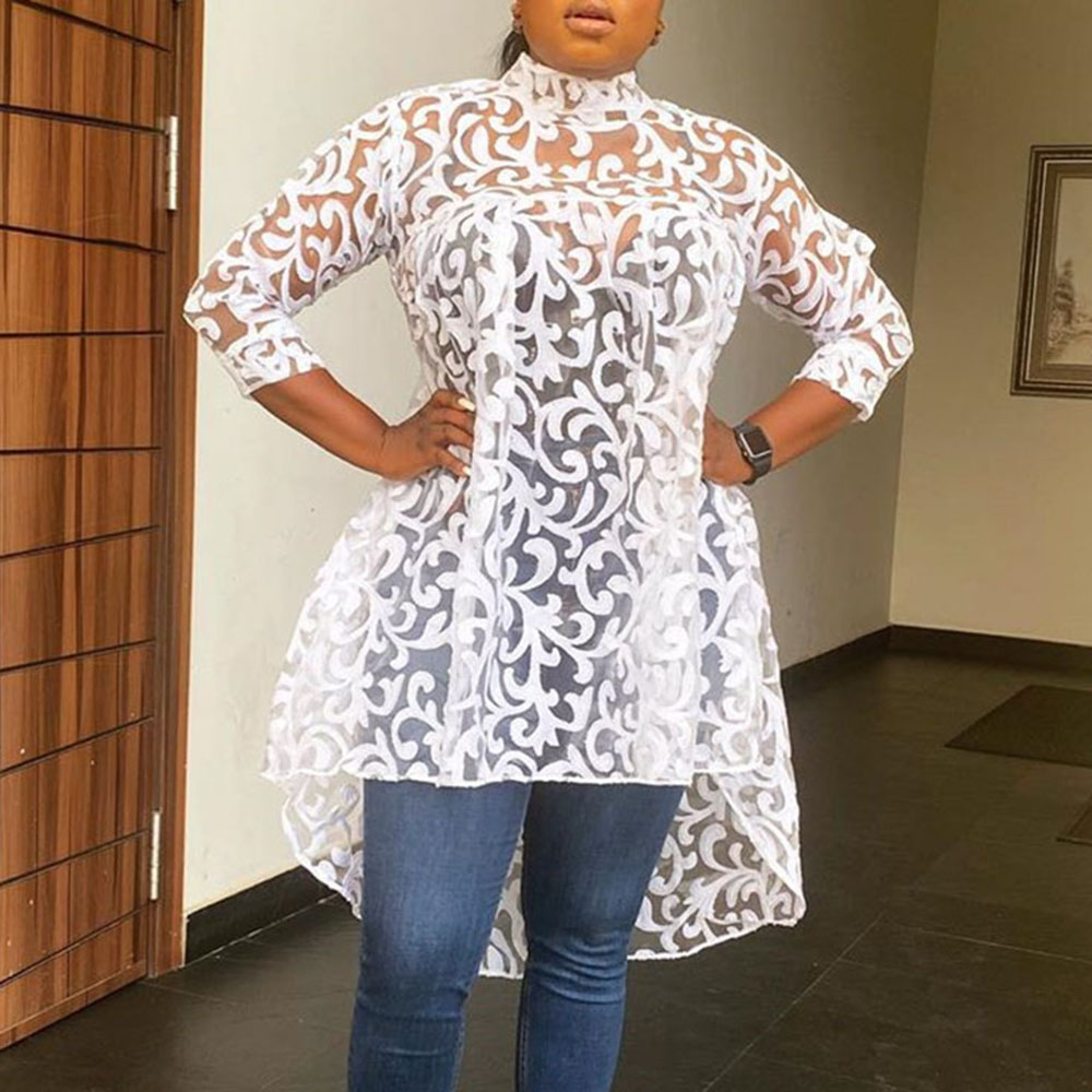 

Clocolor sexy sheer top african fashion white lace plus size blouse women summer fall office lady work wear 3XL long shirt 2021