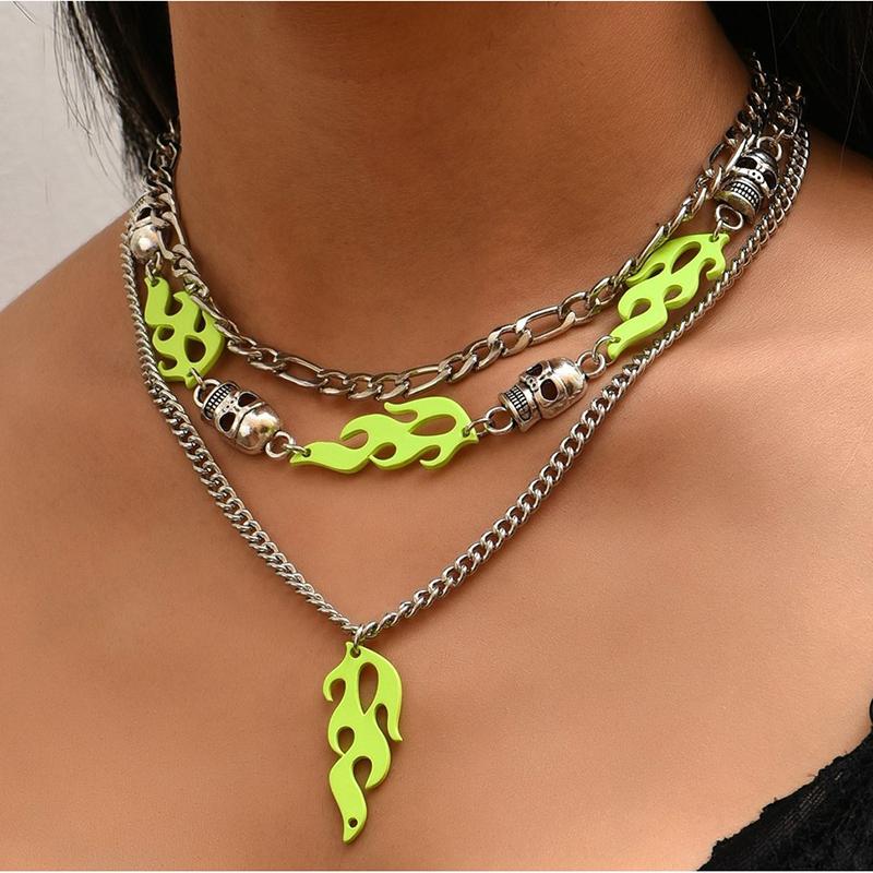 

Chokers ALYXUY 3Pcs/Set Flame Pendant Necklace Cuban Punk Skull Chain Clavicle Hip Hop Metal Choker Men Women Trendy Jewelry