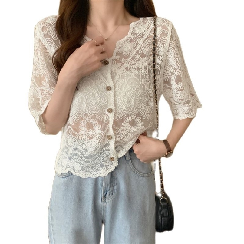 

Hook flowers hollow short-sleeved cardigan lace blouse summer Korean fashion women's clothing 210520, White