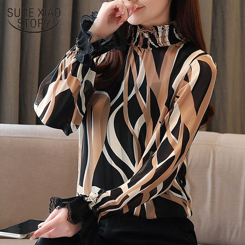 

Loose Long Sleeve Women Shirts Spring Chiffon Lotus Leaf Collar Shirt Horn Sleeve Print Women Blouses and Tops 8066 50 210527, Apricot