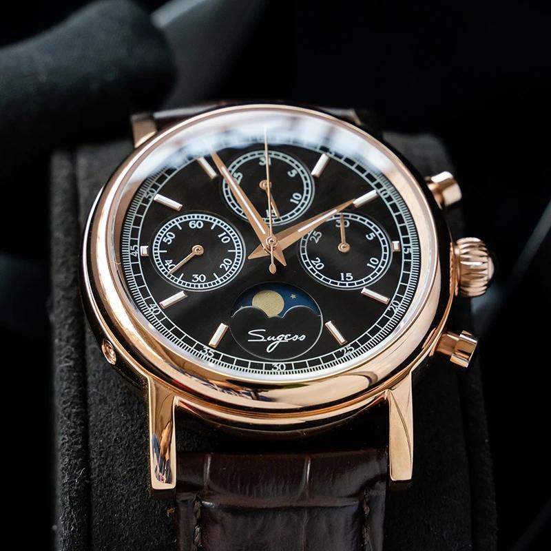 

Mechanical Watch Moon Phase SUGESS Chronograph Seagull Movement ST1908 50M Waterproof Sapphire Luminous Date Display Black Dial Wristwatches, St1908pzjw