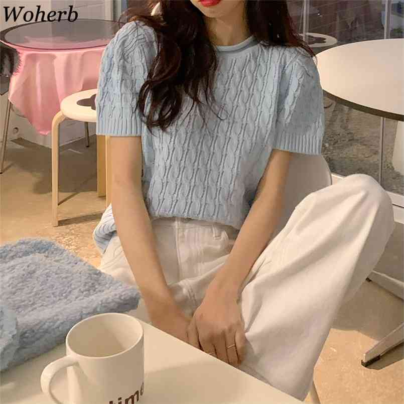 

Woherb Chic Knitted Sweater T Shirt Korean Short Sleeve Pullover Top Solid Color Simple Casual Tee Summer Female 210708, Light yellow