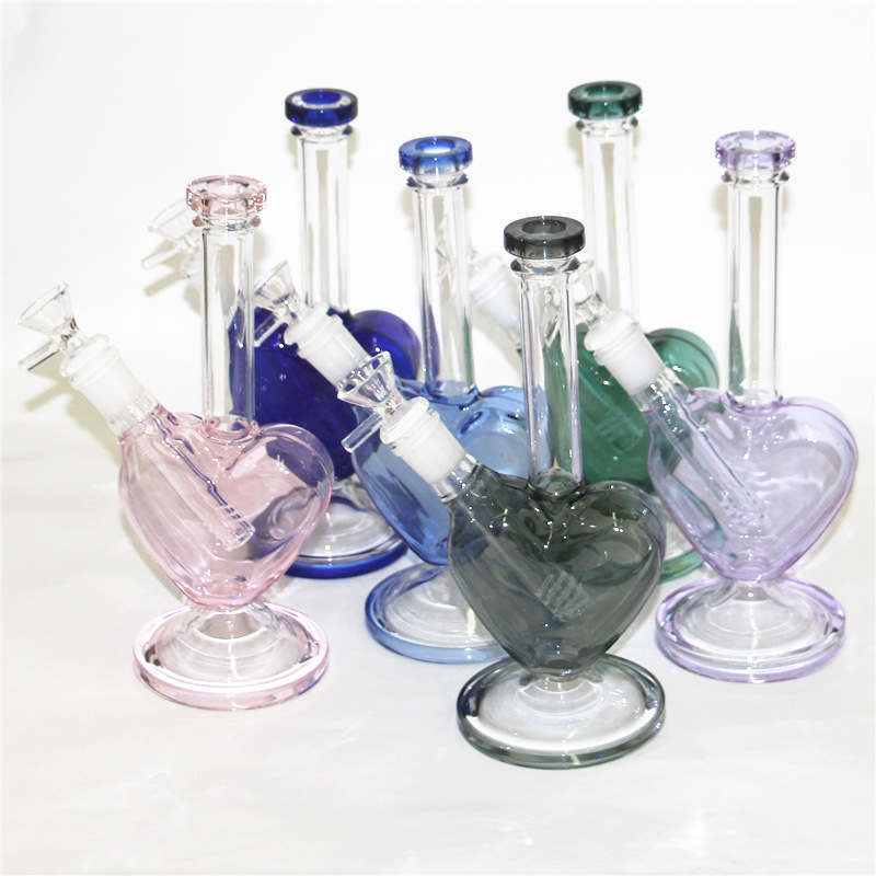 

9 inch heart shape hookahs pink blue purple color dab oil rigs glass water bongs for wholesale bubble water pipes with 14mm slide bowl