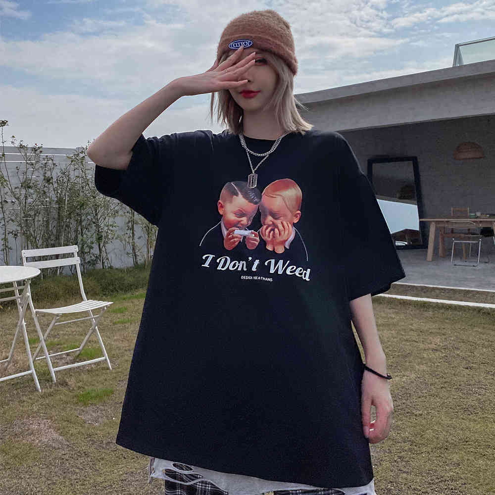 

t shirt fashion brand little boy's printed short sleeve women's street hip-hop trend 5-sleeve casual loose half, White