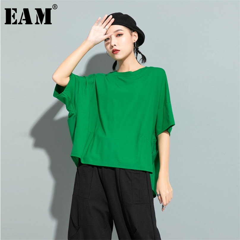 

[EAM] Women Green Red Back Ruffles Split Big Size T-shirt Round Neck Half Sleeve Fashion Spring Summer 1U507 210720