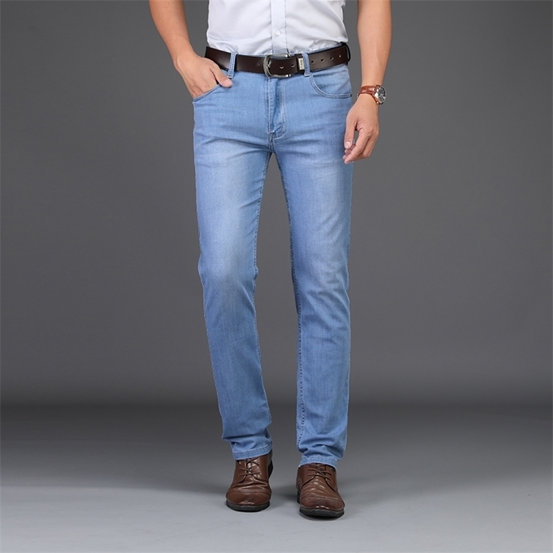 

Sulee Brand Men Spring Summer Jeans Denim s Slim Fit Plus Size to 40 Big and Tall Pants Thin Dress jeans 211108, Blue