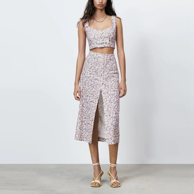 

Skirt and Top Set Women Crop Outfits Summer Vacation Beach Floral Two Piece Sets Casual Female Split 210525, Tops