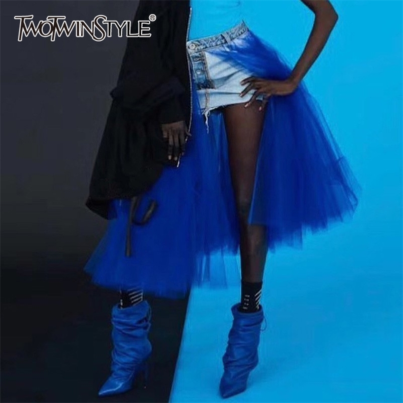 

Causal Patchwork Denim Women Skirt High Waist Hit Color Split Mesh Midi Ball Gown Skirts For Female Fashion Clothes 210521, Pink