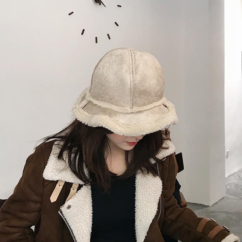 

Wide Brim Hats Women Bucket Hat Fisherman Winter Lambskin Leather Double-Sided Cute Kpop Fashion Men's Caps Sun, Black 111111