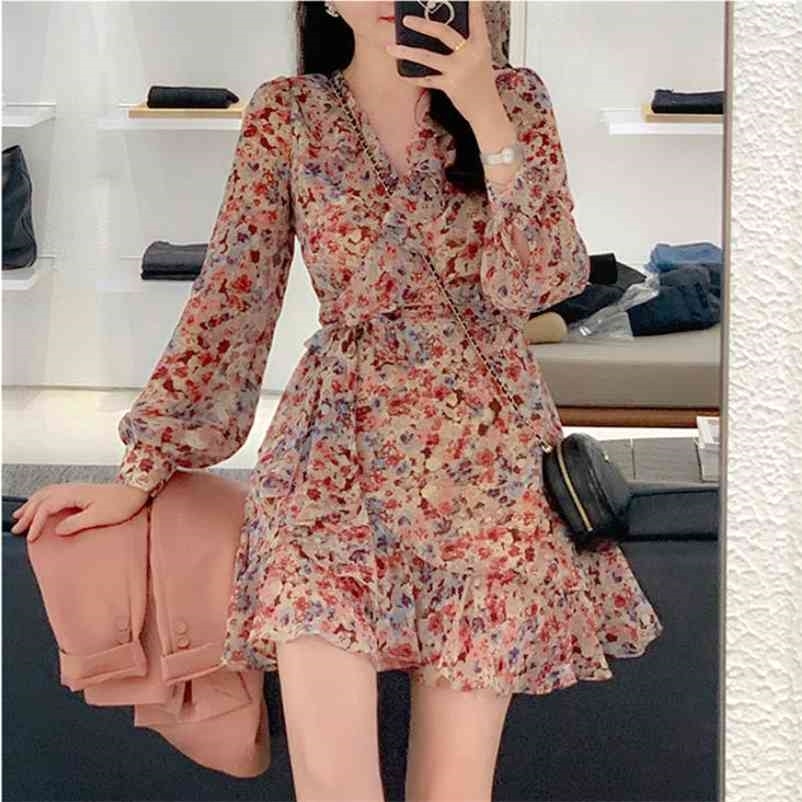 

Floral Chiffon Dress Women French Style Vintage Retro Fairy Long Sleeve V-neck Korean Summer Autumn Clothes 210519, Dress-short