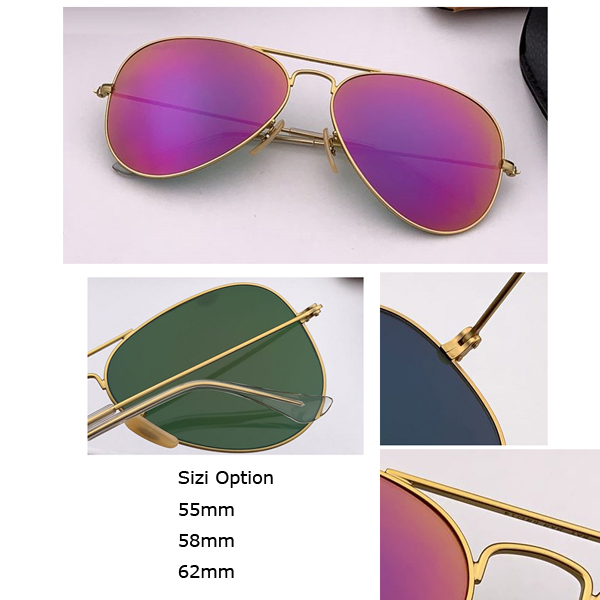 

Classic pilot sunglasses for women men crystal glass mirror flash blue lens brown gradient oculos de sol UV400 protection 58mm 62mm 55mm, White;black