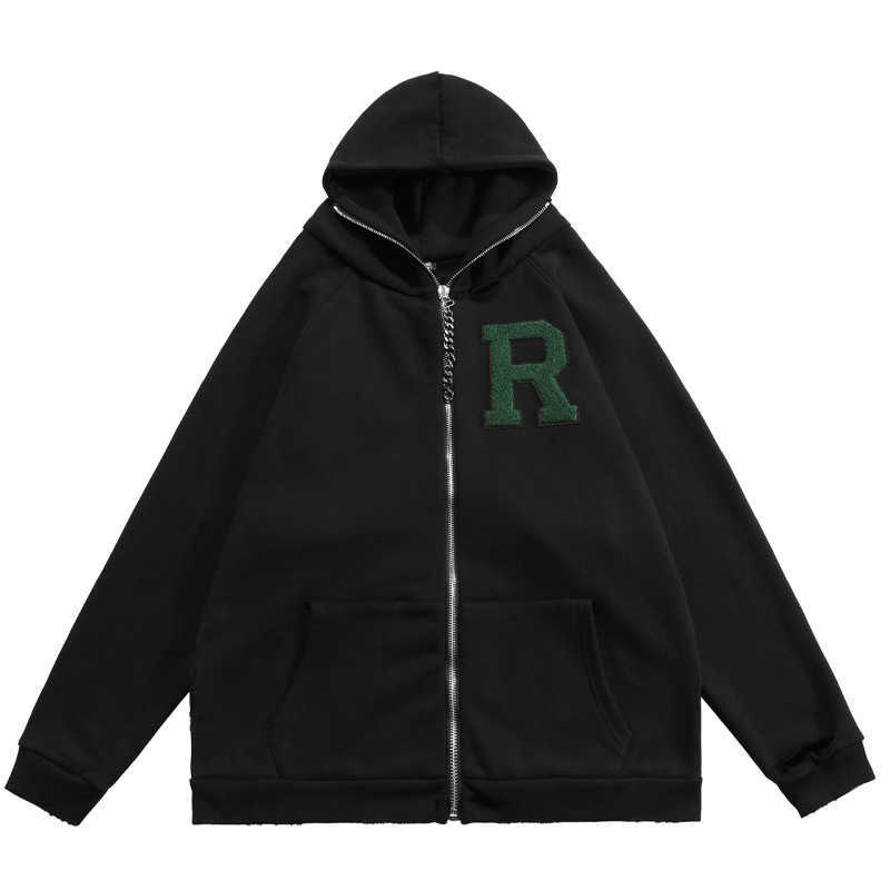 

Men' Jackets Xiaozhongchao brand Raf Simons letter embroidery Plush high street hooded sweater for men and women couple zipper jacket, Black