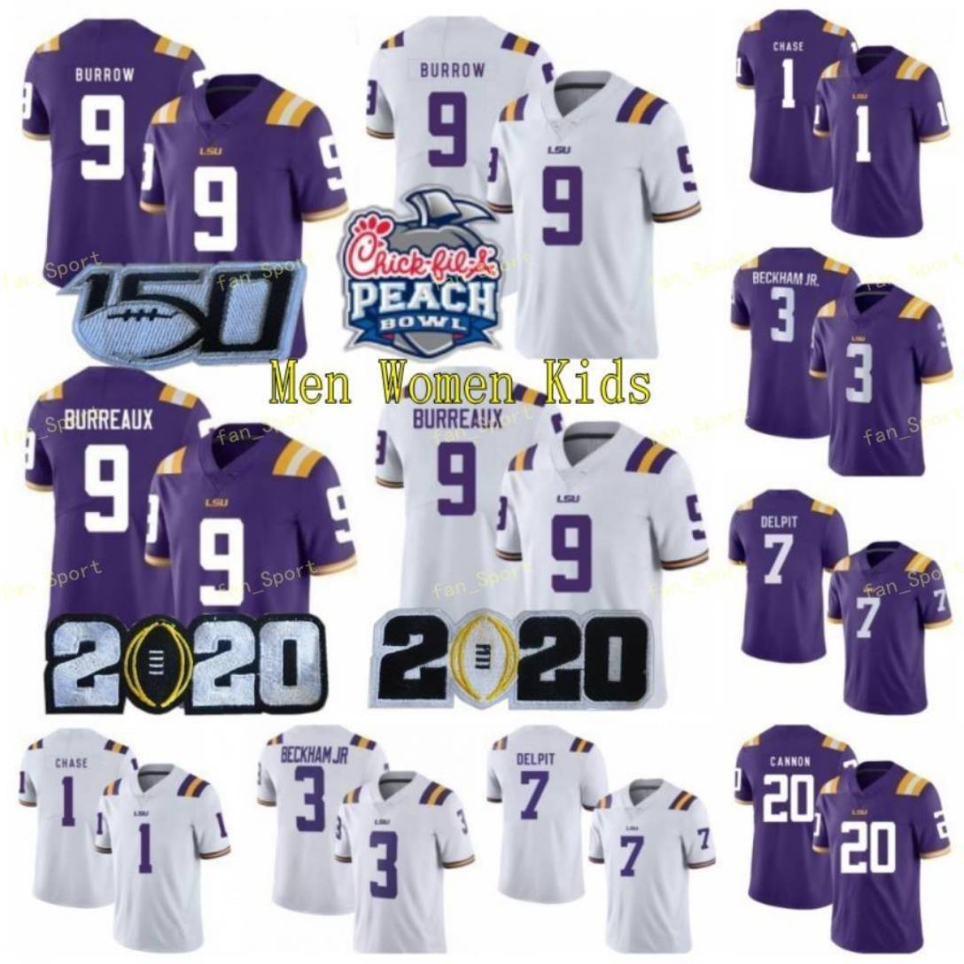 

LSU Tigers #9 BURREAUX Joe Burrow 3 Beckham Jr. 7 Mathie Purple White 2020 Champion Peach Patch 150TH 125TH Stitched NCAA Football Jersey, Black